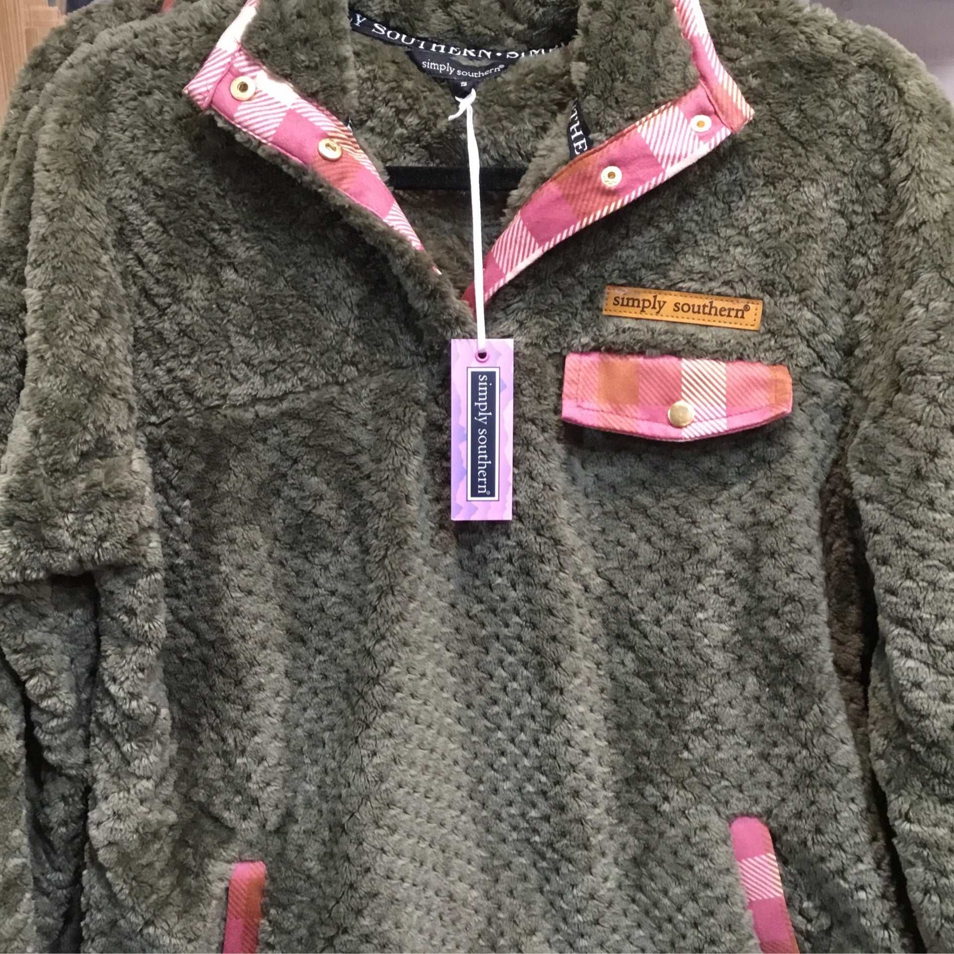 Simply Southern Dark Green Pullover w Pink Collar All Things Home