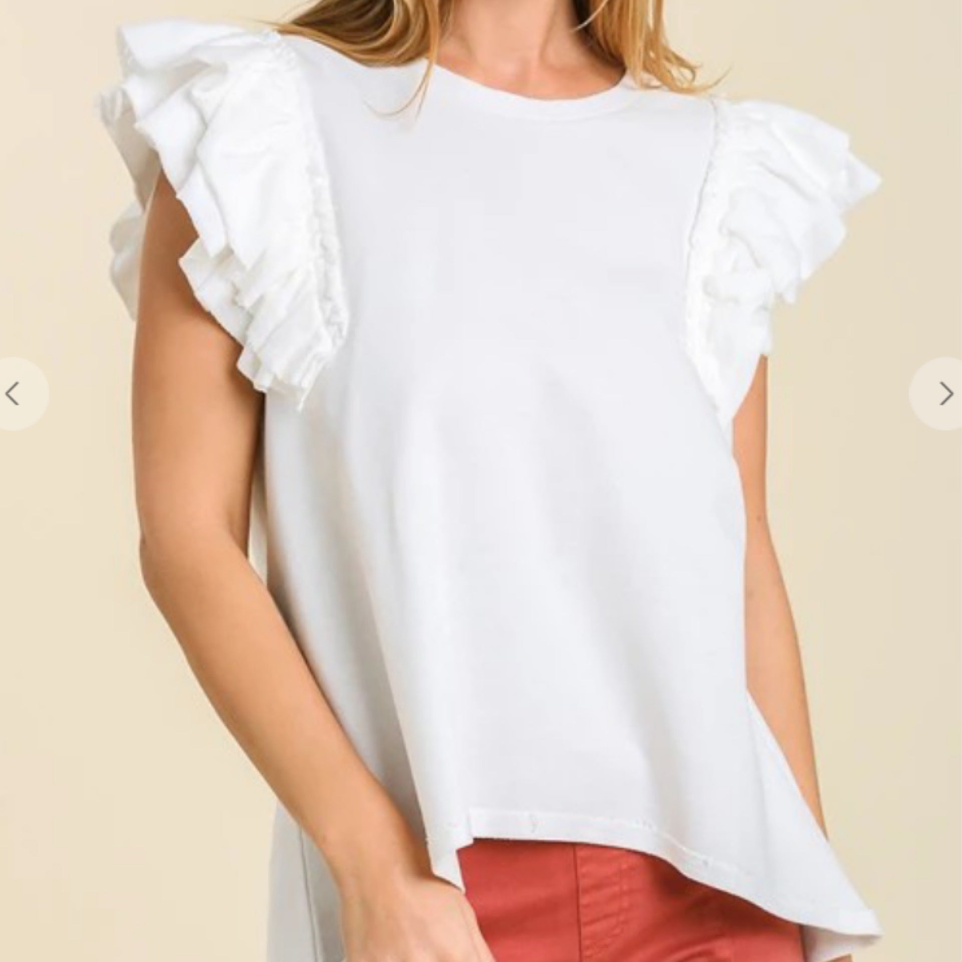 Umgee Round Neck French Terry Top with Double Layered Ruffle Sleeves White